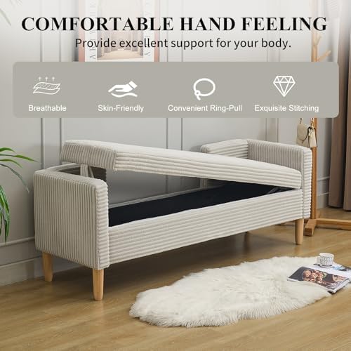 NIOIIKIT 65" Corduroy Upholstered Storage Ottoman Bench with 2 Pillows