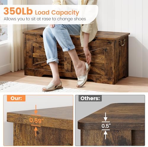 IDEALHOSUE 39.4" Storage Chest, Wooden Storage Bench with Safety Hinge, Retro Blanket Storage Trunk for Entryway, Living Room, Supports 350 lb, Rustic Brown