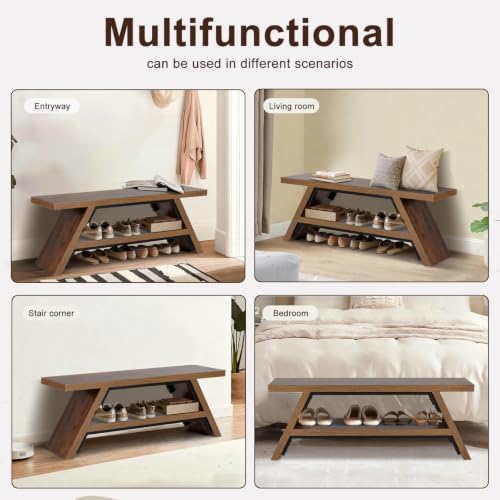 2-Tier Shoe Storage Bench, 47" Solid Wood Entryway Stool Storage