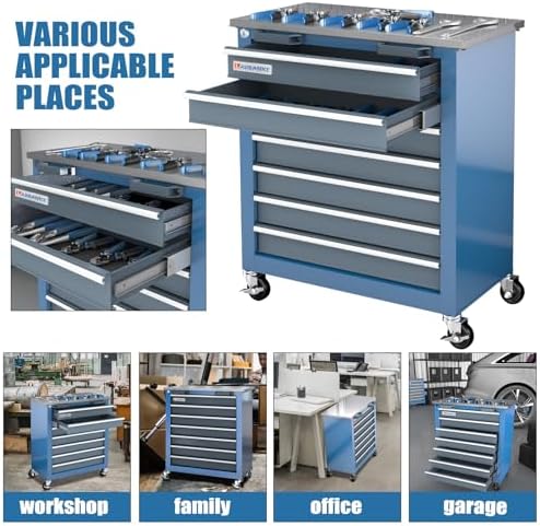 LARBANKE 7-Drawer Rolling Tool Chest with Wheels&Foot Pads,Bluetool Cabinet