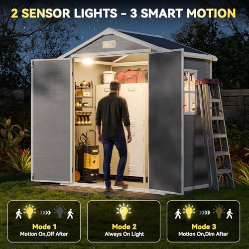 Aoxun 6x4 FT Outdoor Storage Shed, Resin Shed with Suction Light, Gray