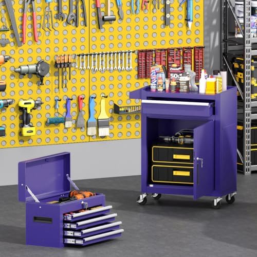 Greenvelly 5-Drawer Tool Chest with Wheels, Pre-Assembled Rolling Tool Chest, Detachable Top Tool Box, Lockable Design, Comes with Drawer Liners & Side Hooks for Garage Workshop Repair Room (Purple)