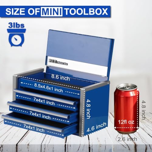 P.I.T. Mini Tool Box,3 Drawers Small Metal Toolbox for Tools Storage,Blue