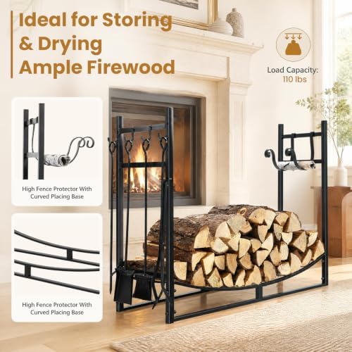 Goplus Firewood Rack Indoor, 36” Firewood Holder with 4- Piece Fireplace Tools-Shovel, Poker, Tongs, Brush, Kindling Holders, Heavy Duty Indoor Log Storage Rack, Outdoor Wood Rack for Fire Pit, Stove