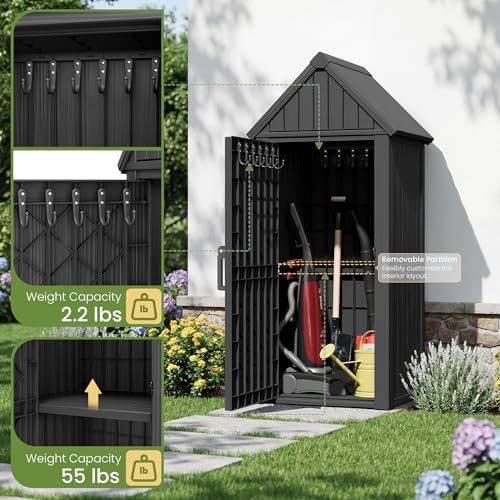 Fancyango Outdoor Resin Storage Cabinet Sturdy All-Weather Shed with Removable Shelves Lock Ring & Reinforced Floor – for Garden Patio Lawn (Black)