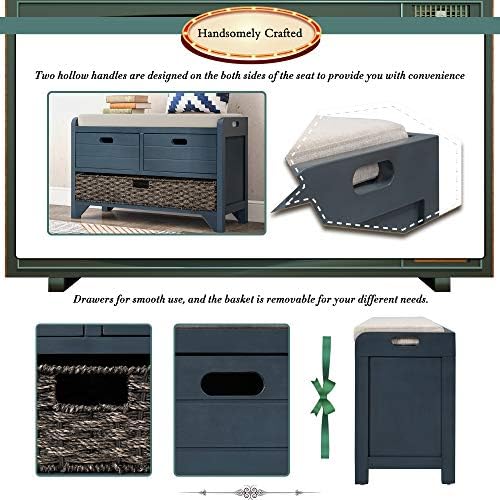 SOFTSEA Storage Bench with Drawers and Basket, Farmhouse Shoe Bench with Seating and Cushion for Hallway Entryway Living Room, Full Assembled, Navy