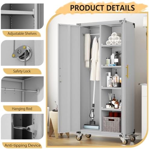 pozdeg 71" Rolling Lockable Metal Broom Closet Storage Cabinet, Grey White
