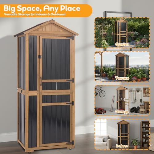Outdoor Storage Cabinet, Extra-Tall Shed with Removable Shelf for Long Tool