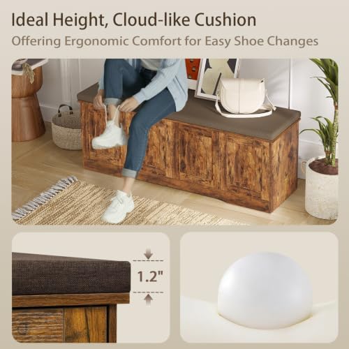 DINZI LVJ Shoe Storage Bench with Cushion, Door, Rustic Brown 47.2"LX17.7"H