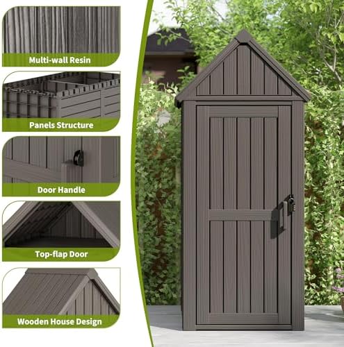Outdoor Storage Shed, Waterproof Storage Cabinet with Sloping Roof and Lockable Door, Resin Shed with Ample Space, Multiple Hooks for Backyard Patio, Garden, Lawn, Classic Grey