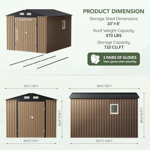 10 x 8 FT Storage Shed with Floor Frame for Backyard, Brown