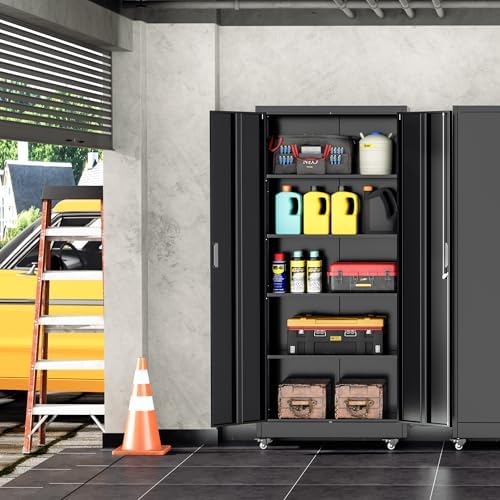 INTERGREAT Metal Storage Cabinet with Wheels, 72" Garage Storage Cabinets with Door and 4 Shelves, Tool Storage Locker on Caster for Home, Office, Black