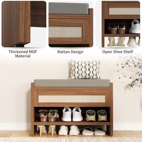 Garvee 31" L Farmhouse Shoe Bench with Storage Drawer & Linen Cushion