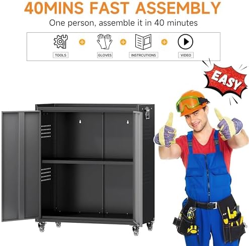 Metal Garage Storage Cabinet with Wheels, Adjustable Rolling Tool Storage Cabinet with Lock, 34" Steel Locking Tool Cabinet with Doors and Shelves for Garage, Warehouse (Black&Gray, 34.3" H)