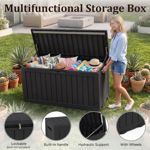 Outdoor Storage Box,100 Gallon Lockable Deck Box with Wheels,Black