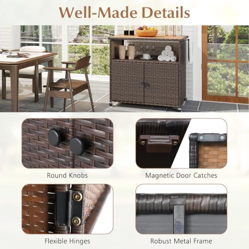 HAPPYGRILL Outdoor Storage Cabinet with Wheels, PE Rattan Patio Buffet Sideboard Bar Cart for Garden, Backyard & Poolside