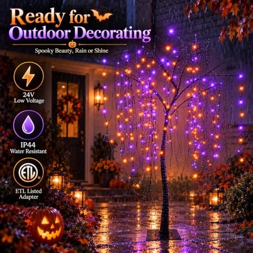 7 FT Halloween Lighted Willow Tree 256 LED Orange and Purple Lights Artificial Weeping Willow Tree with 6 Spiders Outdoor Indoor Decoration Christmas Festival Party Home Decor