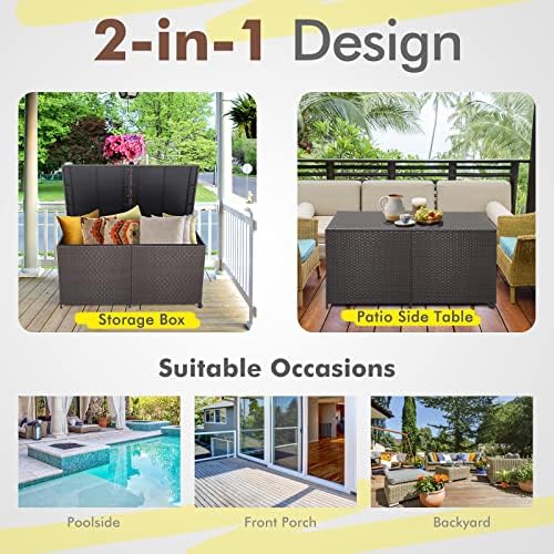 RELAX4LIFE 175-Gallon Outdoor Storage Box, Wicker Rattan Outside Storage Container Bin with Zippered Liner, 2 Universal Wheels, Gas Strut, Patio Deck Box for Backyard, Front Porch