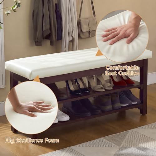 40" Wooden Shoe Rack with Seating, Entryway Bench with Shoe Storage, Beige