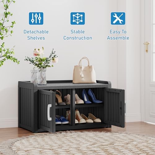 2-Tier Storage Bench, Waterproof UV-Resistant Outdoor Shoe Storage Cabinet with 2 Doors & Adjustable Shelves for Indoor Outdoor Entryway, Hallway, Living Room (Grey)