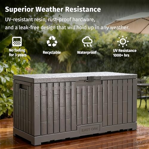 EAST OAK 120 Gallon Outdoor Storage Box | Large Resin Deck Box with Reinforced Stainless Steel Support | Waterproof & UV-Resistant Patio Storage Box for Cushions, Garden Tools & Accessories, Grey