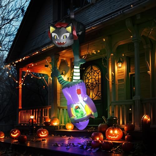 8 FT Hanging Halloween Inflatables Outdoor Decorations Black Cat and Witch