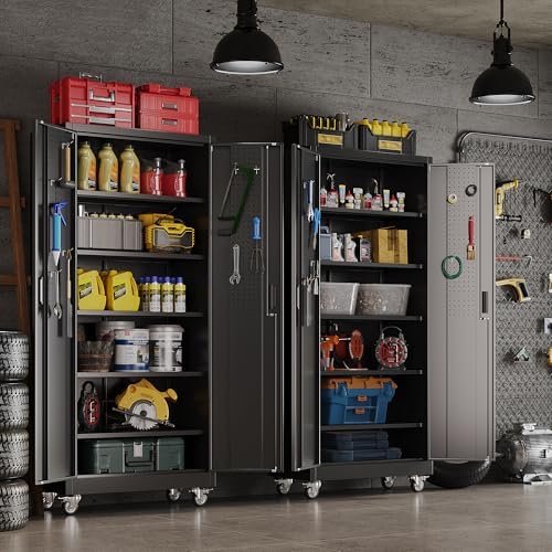 Reemoon 5 Adjustable 170 lb Shelves, Lockable Doors, Door pegboard and 4 Removable casters for Garage, Utility Storage.