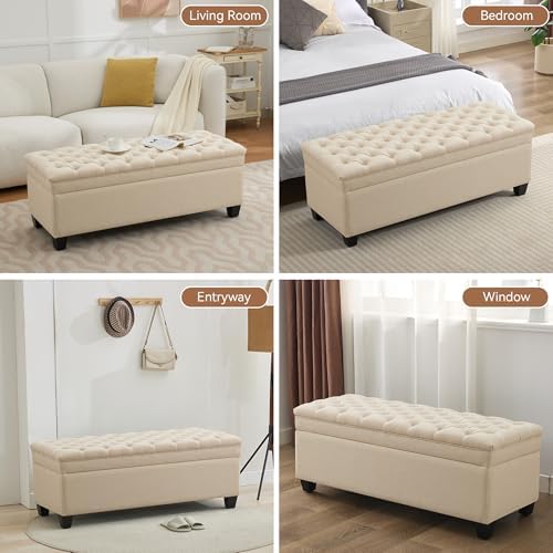 WUTUTUEE 50" Fabric Storage Ottoman Bench, Upholstered Rectangle End of Bed Storage Ottoman Tufted Living Room Bedroom Bench with Safety Hinge, Solid Wood Legs, Loads 500 lb(Khaki)
