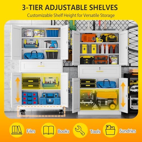 pozdeg 74" White Lockable Rolling Metal Garage Storage Cabinet