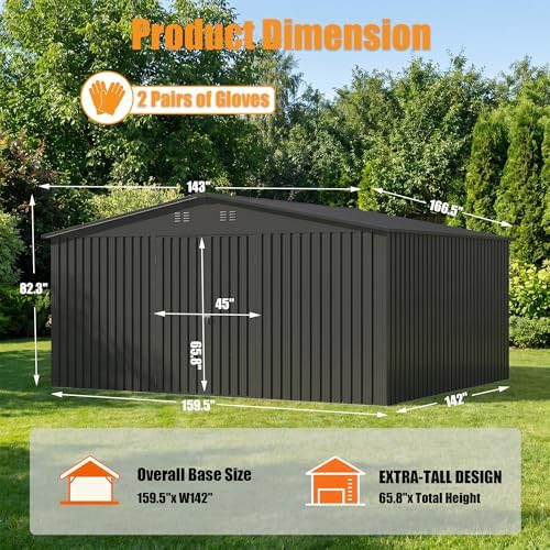 PABIMIA14X12 FT Outdoor Metal Storage Shed, Waterproof Storage Shed with Lockable Doors for Tools, Equipment, Ideal for Backyard Garden Patio Lawn