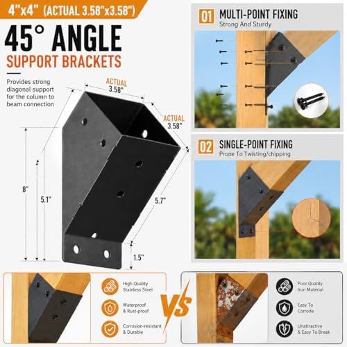 45 Degree Pergola Brackets for 4x4 Lumber, Q235 Steel, 8 Pack