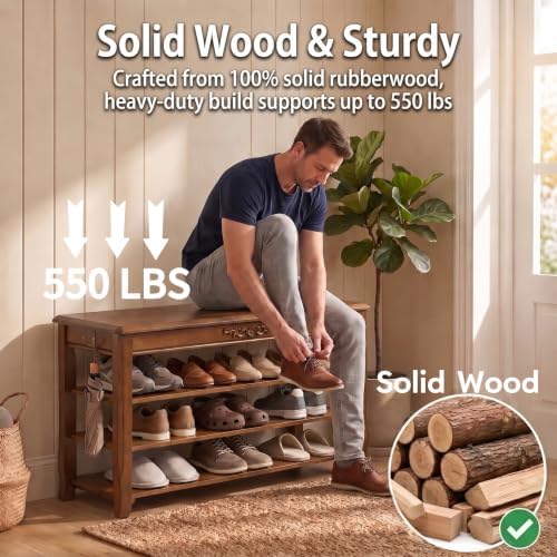 Shoe Rack Bench with Storage 3 Tier Solid Wood Entryway Shoe Rack 39.4"