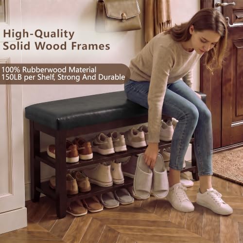 40" Wooden Shoe Rack with Seating, Entryway Bench with Shoe Storage, Black