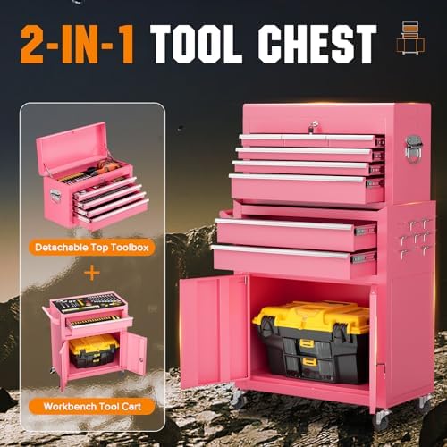 Crownland 8 Drawer Rolling Tool Chest with Wheels, Pink