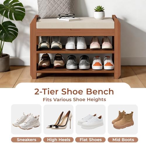 27.6" Entryway Shoe Rack Bench with Cushion, 2-Tier Storage Bench