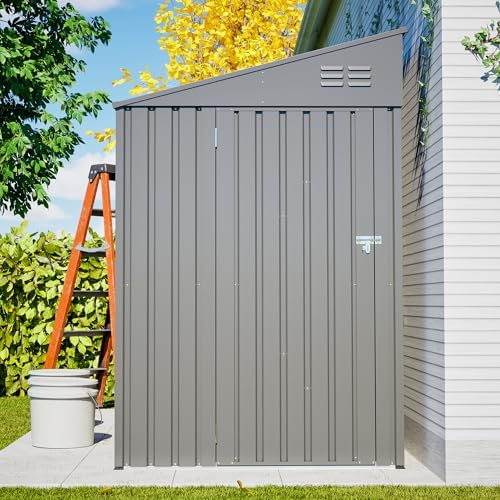YOPTO 4x7 FT Outdoor Storage Shed Lean to Shed,Metal Shed W/Lockable Door & Air Vent,All Weather Waterproof Garden Tool House W/Reversible Installation,for Backyard,Patio,Lawn,Dark Gray