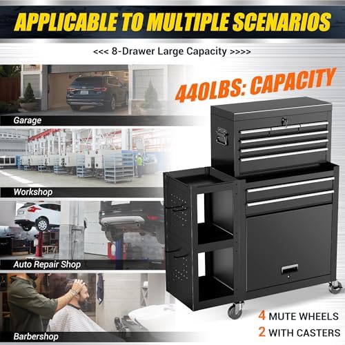 8-Drawer Rolling Tool Chest with Wheels, Lockable 3-in-1 Tool Box, Detachable Top Toolbox & Bottom Storage Cart with Side Hooks, Heavy Duty Steel Tool Cabinet for Garage, Workshop, Warehouse