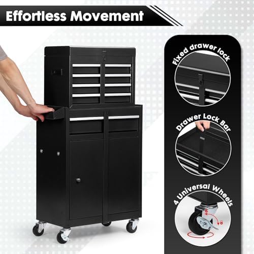 Dawmilon 5-Drawer Rolling Tool Chest with Wheels - High Capacity Tool Cabinet with Detachable Top Toolbox for Garage and Workshop Organization - Metal Tool Cart with Liner & 4 Hooks, Black