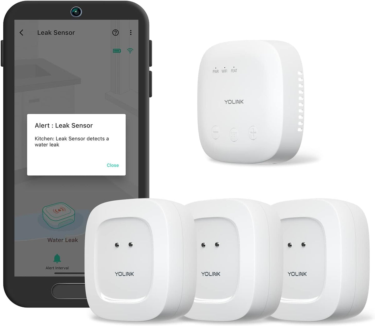 YoLink SpeakerHub & Three Water Leak Sensors Starter Kit – Plays Tones/Sounds (3-Pack)