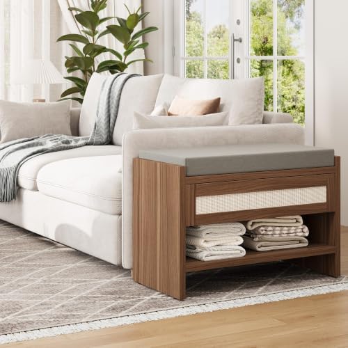 Garvee 31" L Farmhouse Shoe Bench with Storage Drawer & Linen Cushion