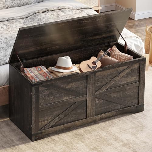DWVO Wooden Storage Bench, Farmhouse Storage Chest, 39.4"L, Dark Rustic Oak