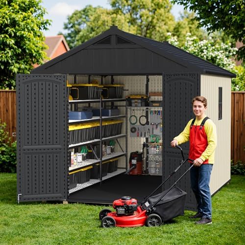 Greesum 8x10FT Plastic Outdoor Storage Shed with Floor, Resin Sheds, Beige