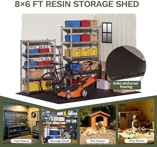 Devoko 8 x 6 FT Resin Storage Shed with Floor, Outdoor Plastic Shed