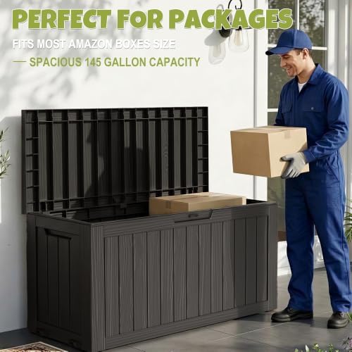 145 Gallon Outdoor Storage Box Waterproof Deck Box with Wheels, Black