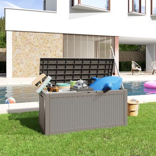 ROJIK 125 Gallon Waterproof Outdoor Deck Storage Box, Lockable Resin Patio Storage Bin with Lid for Garden Tools, Patio Cushions & Outdoor Accessories (Grey)
