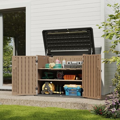 Aoxun Outdoor Storage Cabinet 35 Cu.Ft Outdoor Trash Can Storage Shed,Brown