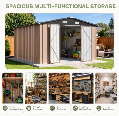 Aoxun 10x12 FT Outdoor Storage Shed with Lockable Double Door, Light Brown