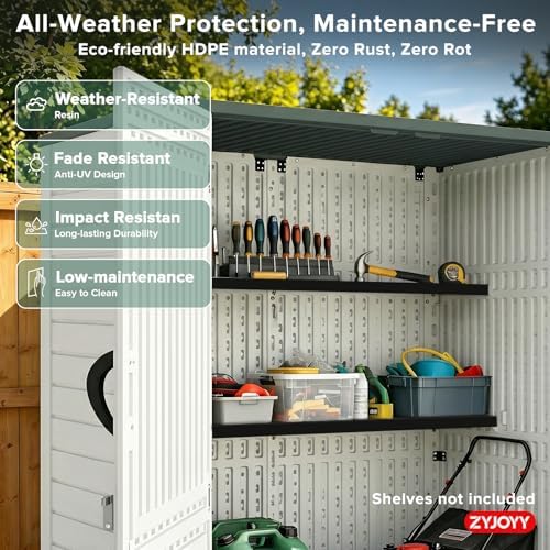 ZYJOYY Outdoor Storage Shed, 59 Cuft Outside Waterproof Storage Cabinet, HDPE Resin Plastic 385 Gallon Outdoor Storage Container, Vertical Lockable Storage Shed (Light Grey, 59 cuft/No Shelves)