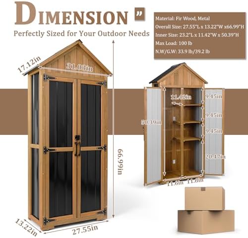 Outdoor Storage Cabinet Waterproof, Outdoor Storage Shed with Shelves, Wood & Metal Patio Backyard Garden Storage Cabinet Tool Organizer for Outside