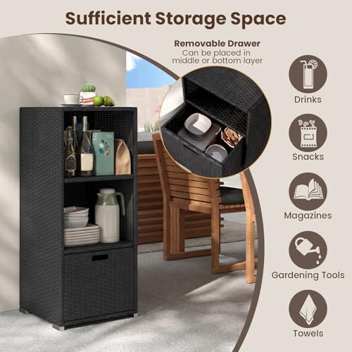 Tangkula Rattan Outdoor Storage Cabinet, Patiojoy Outdoor Wicker Cabinet with 3 Shelves, 1 Removable Drawer, Patio Storage Deck Box for Backyard Poolside Porch